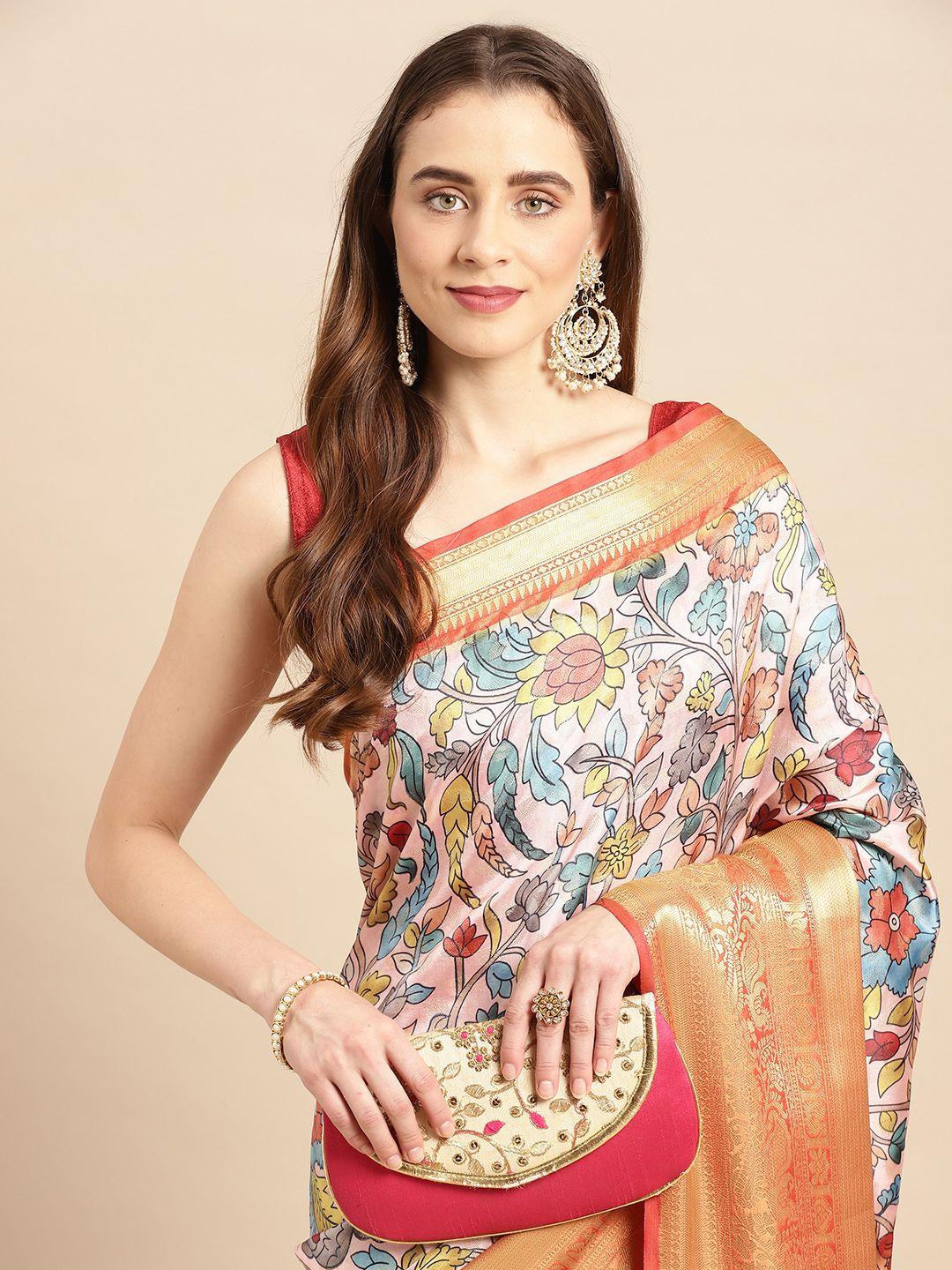 vastranand kalamkari block print zari silk blend banarasi saree