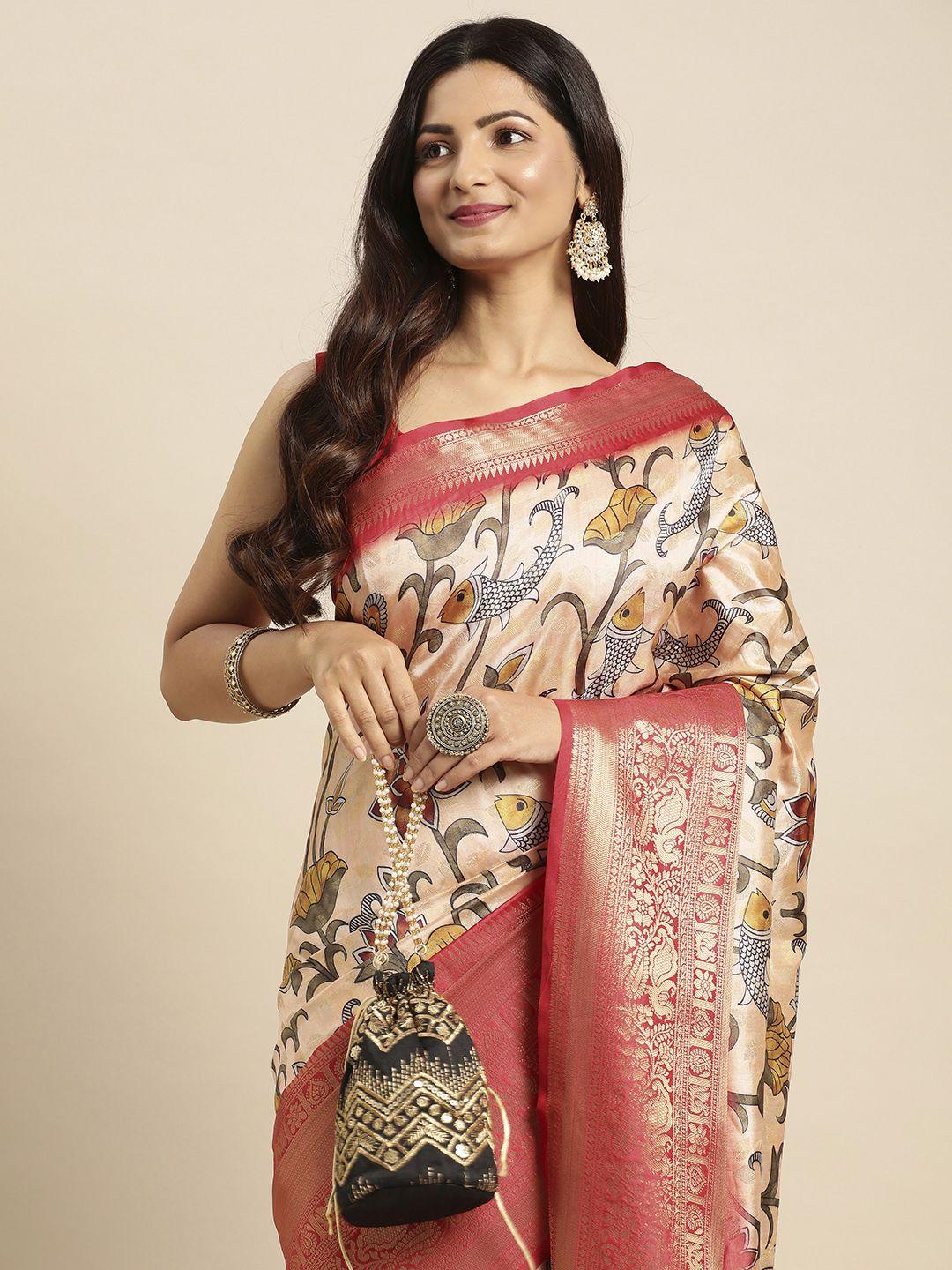 vastranand kalamkari block print zari silk blend banarasi saree