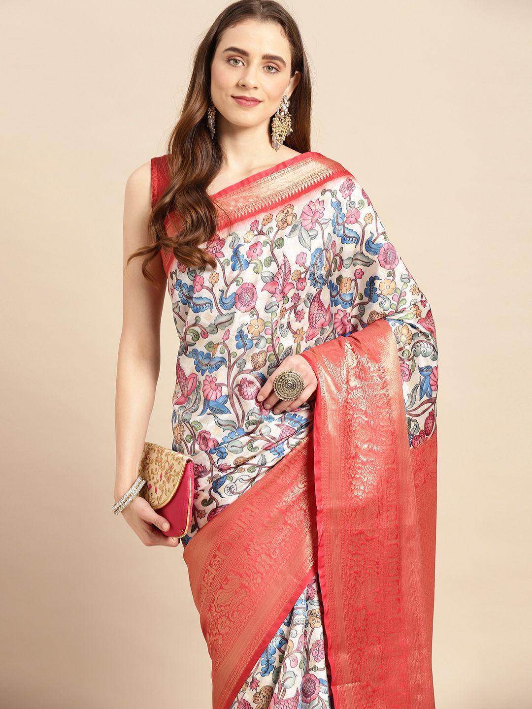 vastranand kalamkari block print zari silk blend banarasi saree