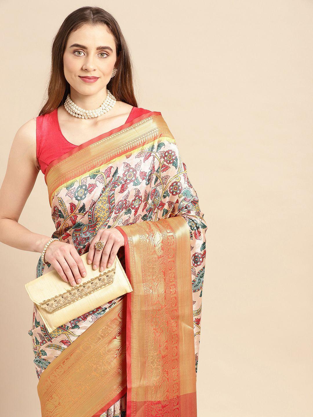 vastranand kalamkari block print zari silk blend banarasi saree