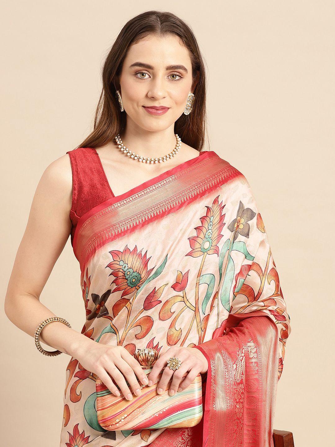 vastranand kalamkari block print zari silk blend banarasi saree