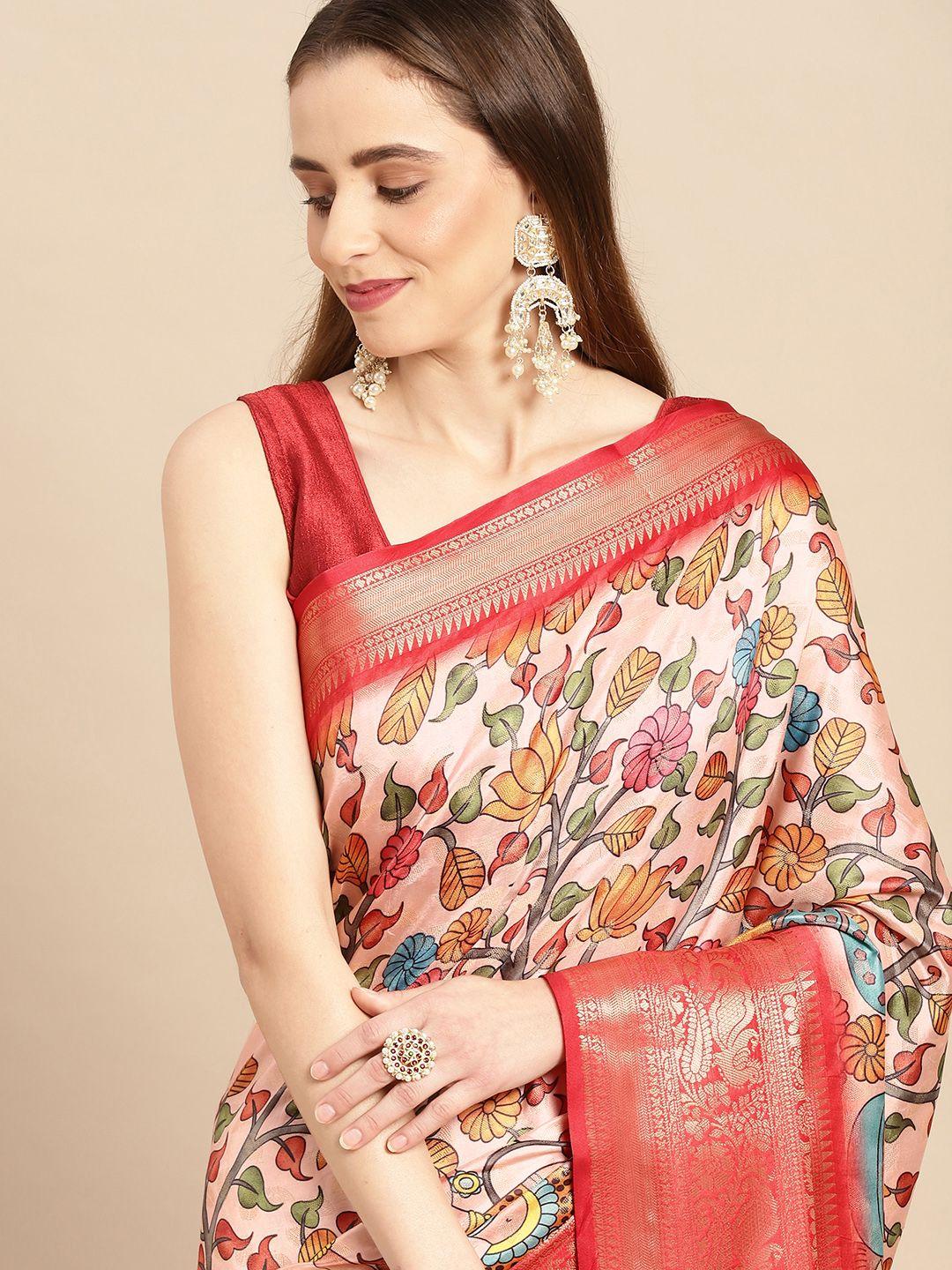 vastranand kalamkari block print zari silk blend banarasi saree