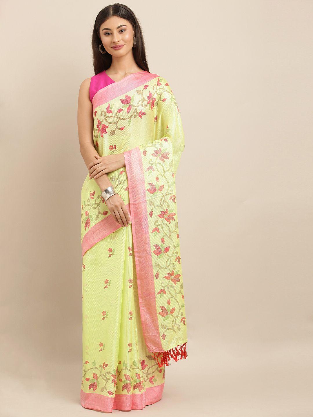 vastranand lime green & pink jute silk printed jamdani saree