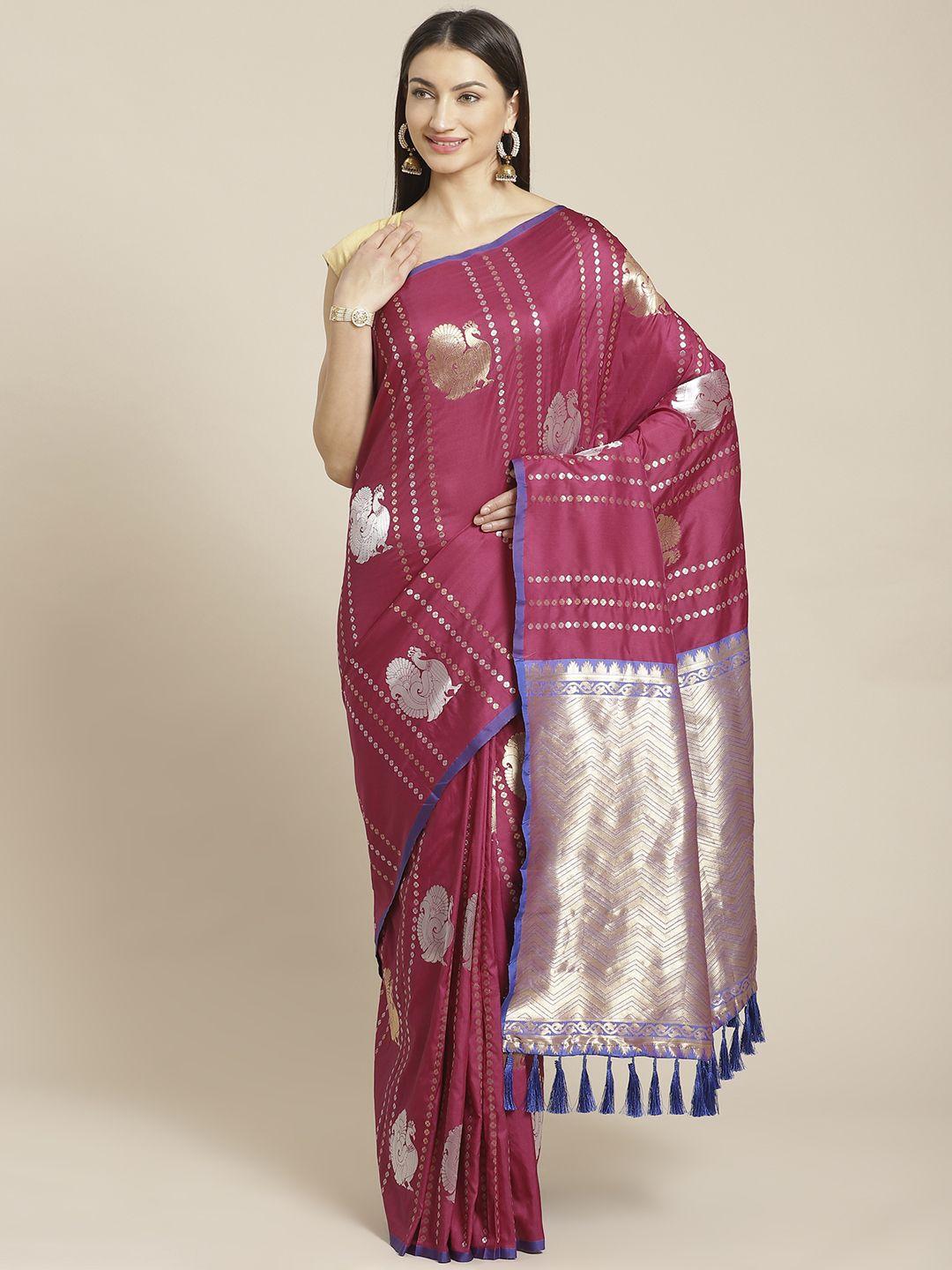 vastranand magenta & silver woven design banarasi saree