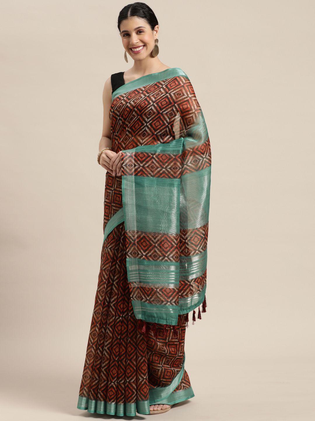 vastranand maroon & black zari linen blend block print saree