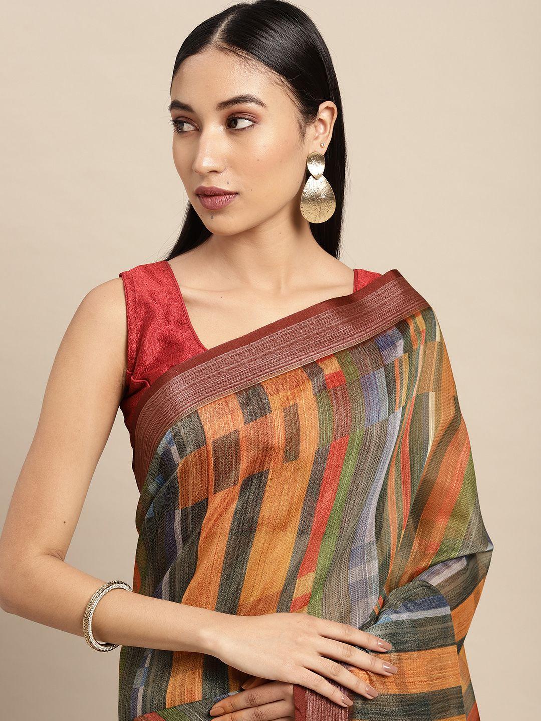 vastranand multicoloured striped zari linen blend saree