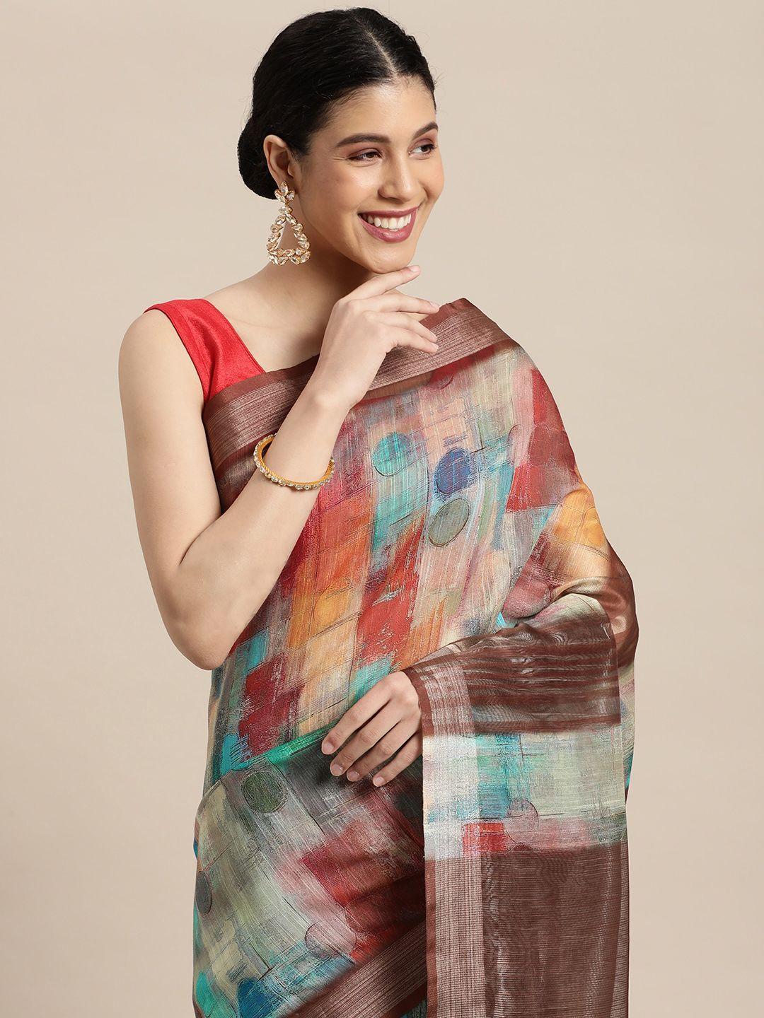 vastranand multicoloured zari linen blend block print saree