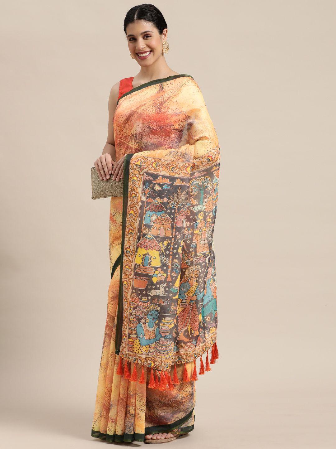 vastranand multicoloured zari linen blend block print saree