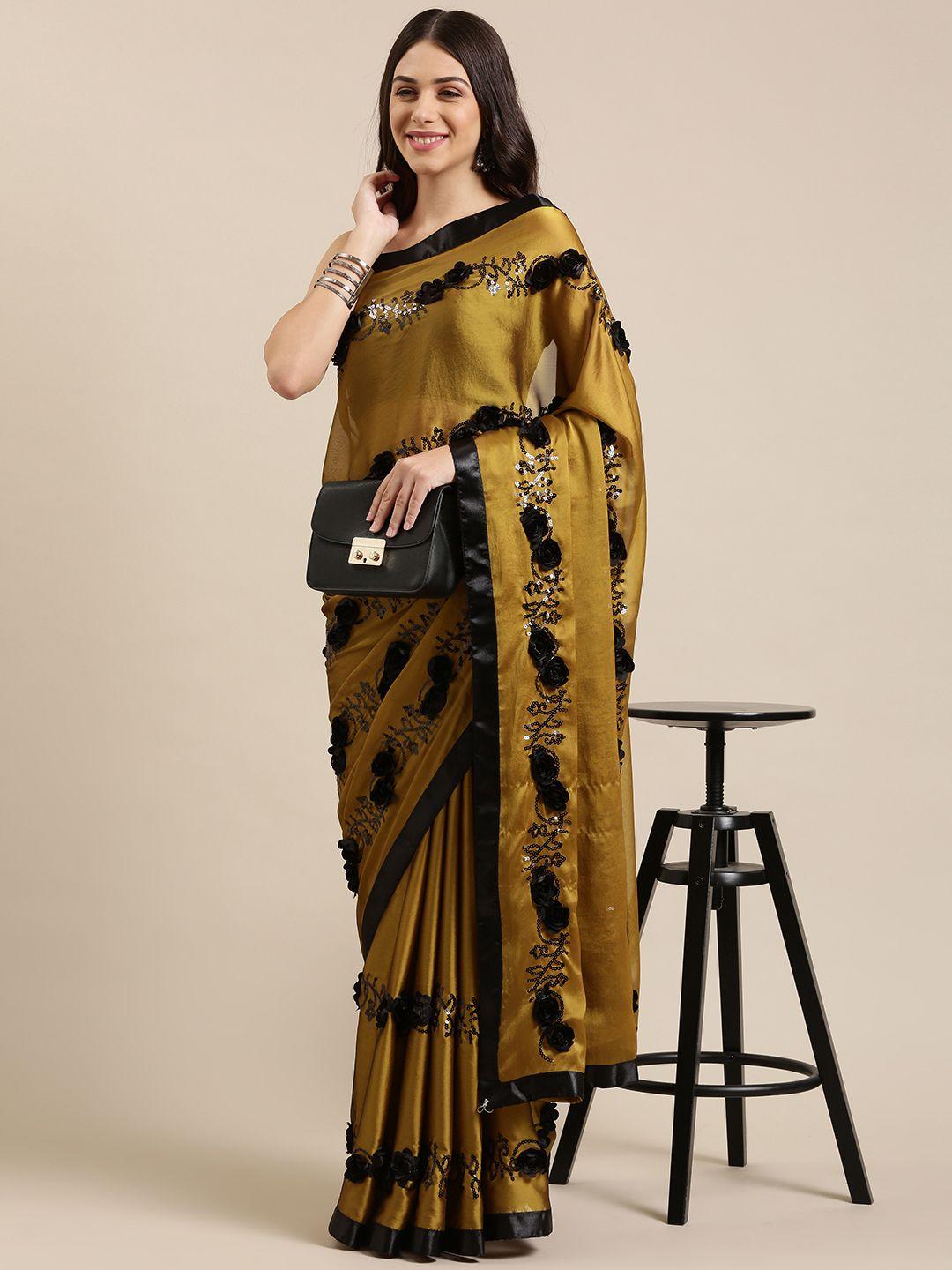 vastranand mustard & black floral sequinned satin saree