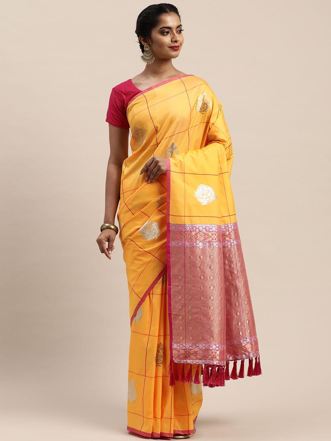 vastranand mustard yellow & gold-toned woven design banarasi saree