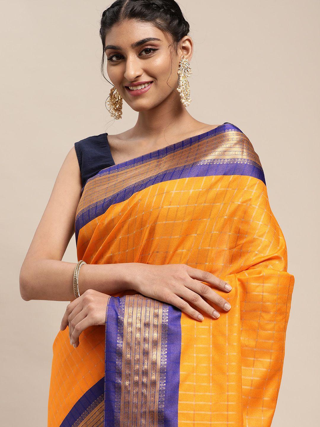 vastranand mustard yellow & golden checked pure silk gadwal saree