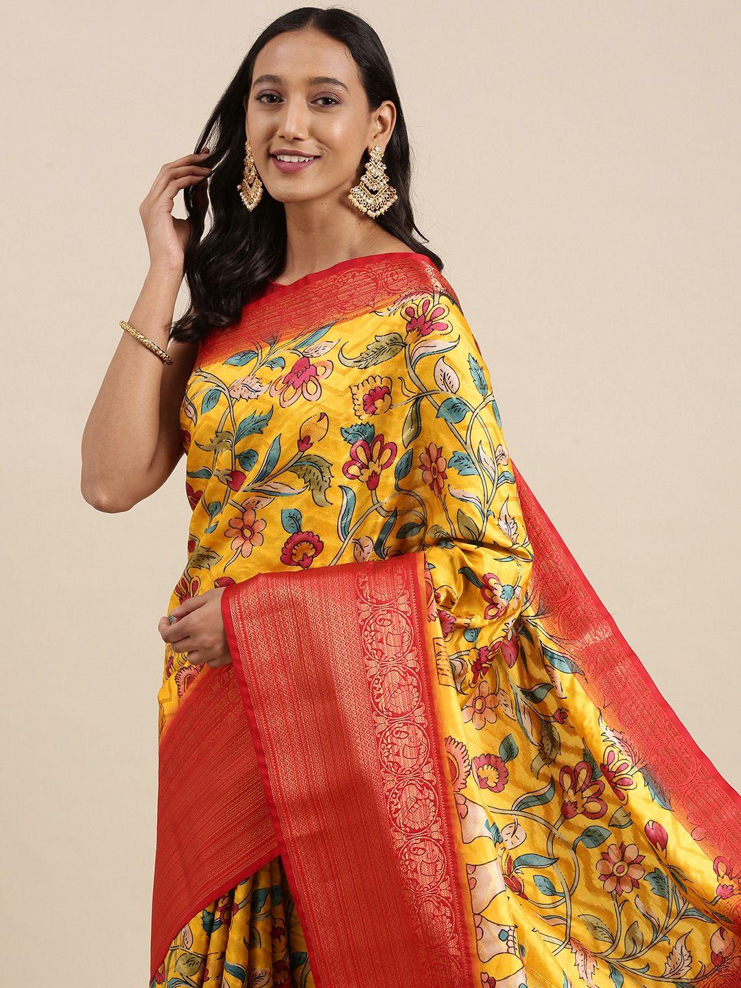 vastranand mustard yellow & maroon kalamkari print zari silk blend saree