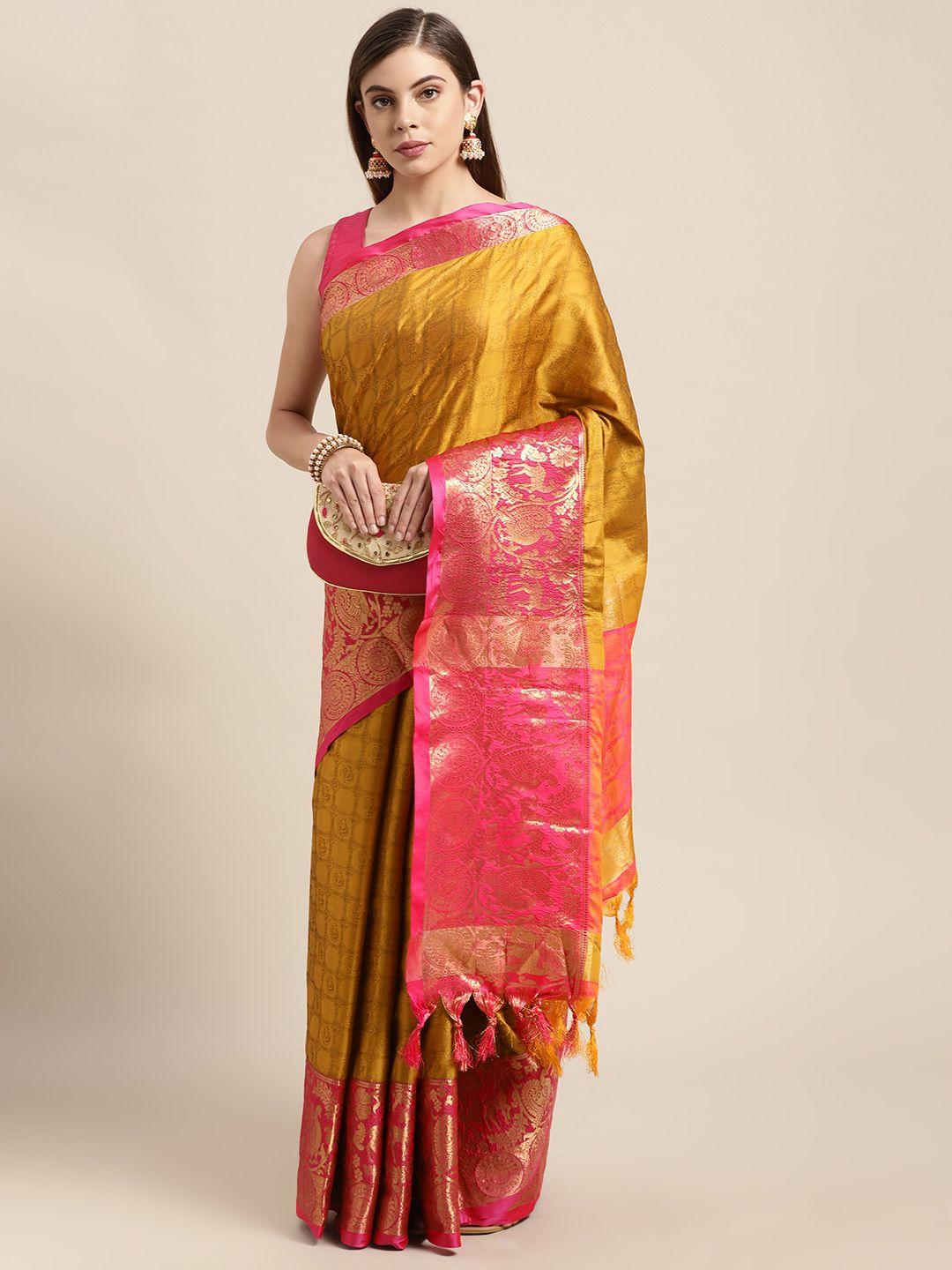 vastranand mustard yellow & pink ethnic woven design zari silk blend banarasi saree