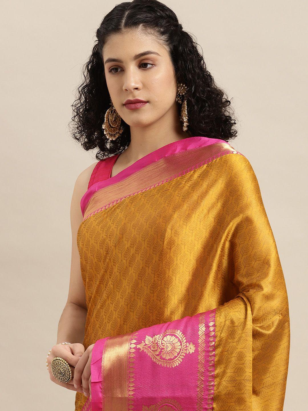 vastranand mustard yellow & pink woven design banarasi saree