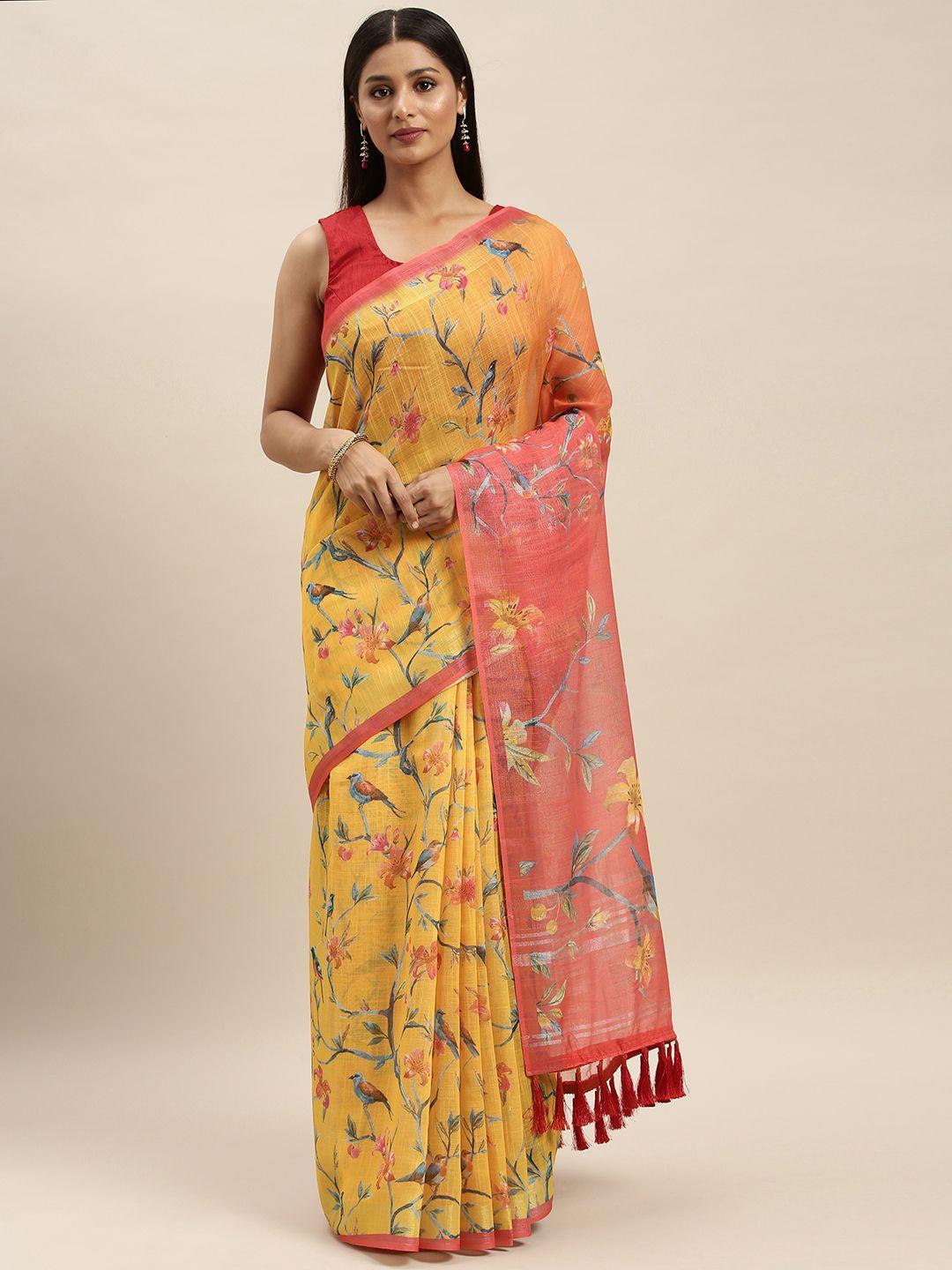 vastranand mustard yellow & red linen blend digital printed saree