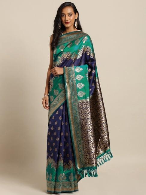 vastranand navy & green woven saree with unstitched blouse