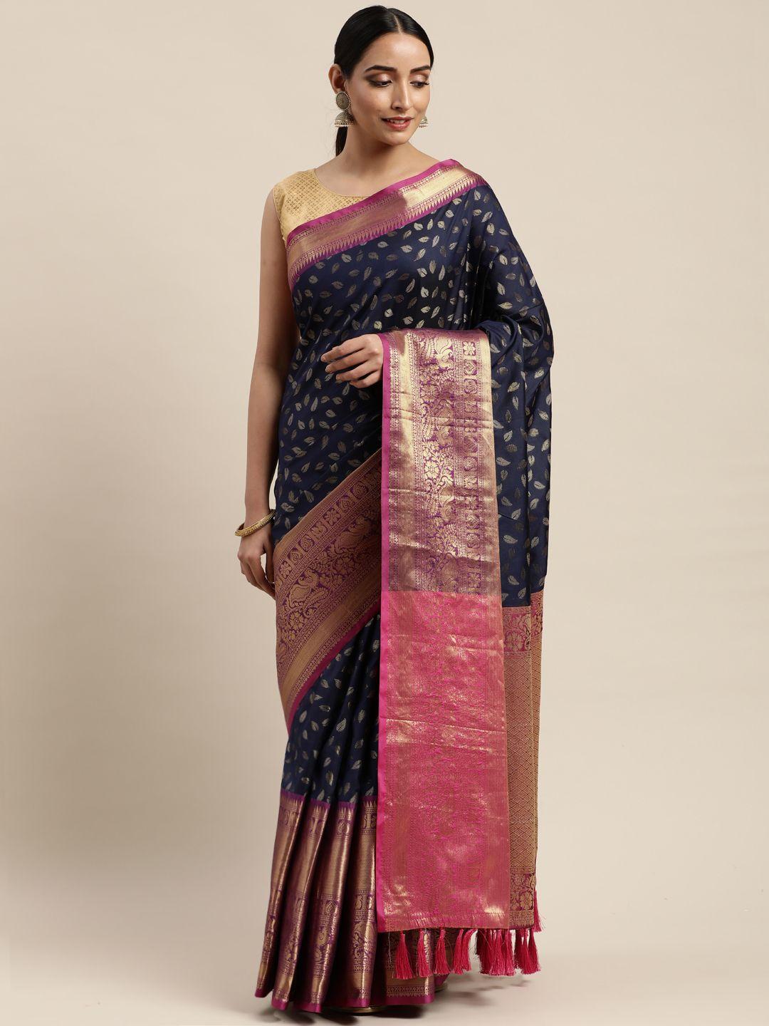 vastranand navy blue & gold-toned silk cotton woven design banarasi saree