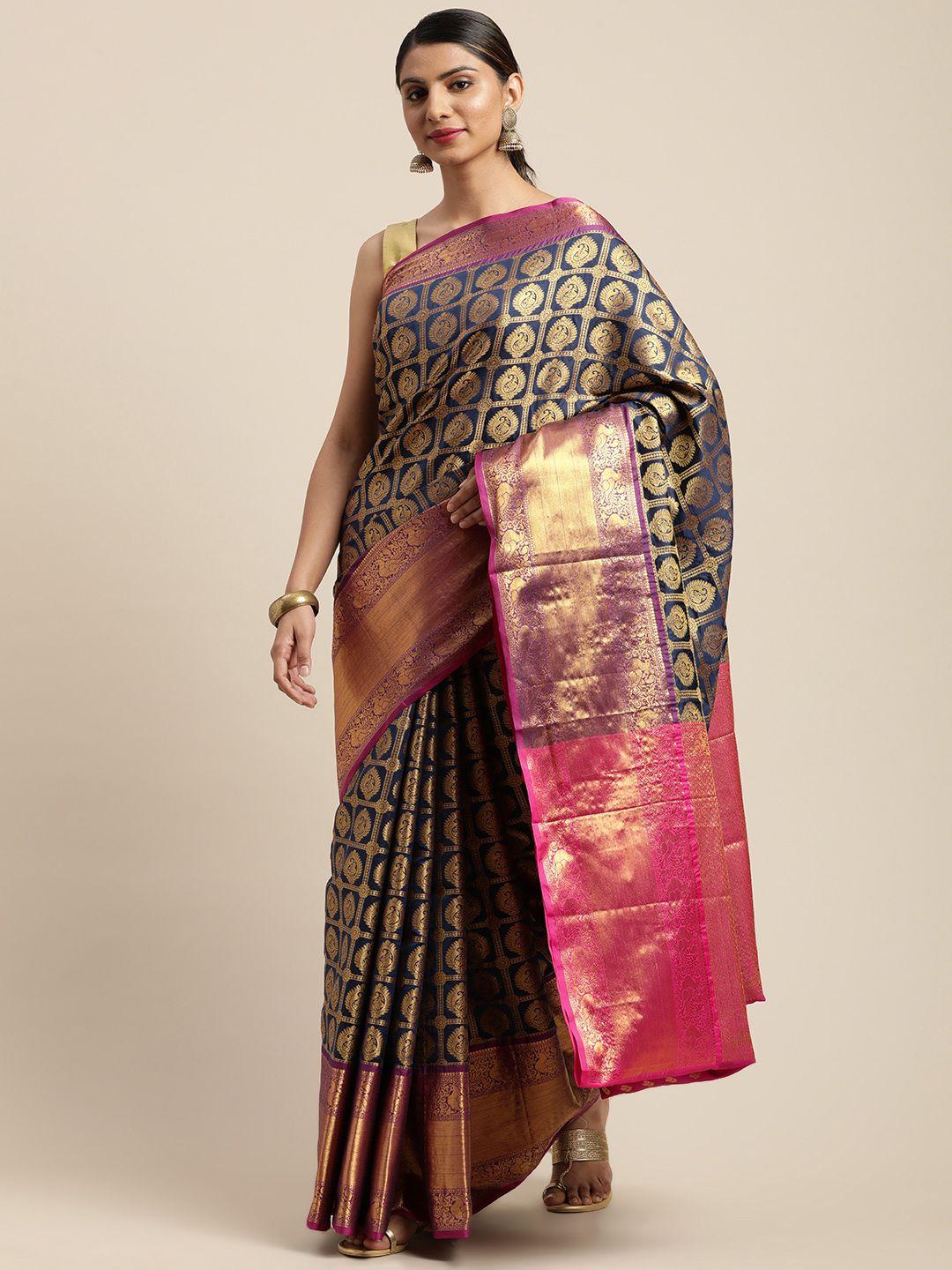 vastranand navy blue & gold-toned woven design banarasi saree