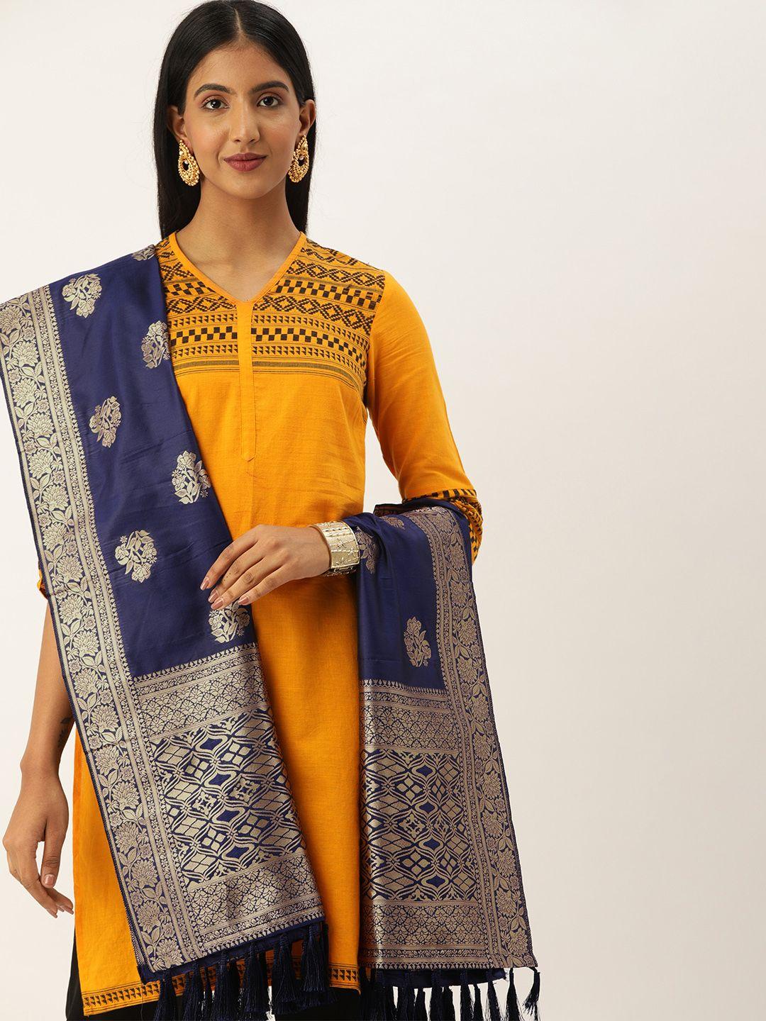 vastranand navy blue & gold-toned woven design dupatta