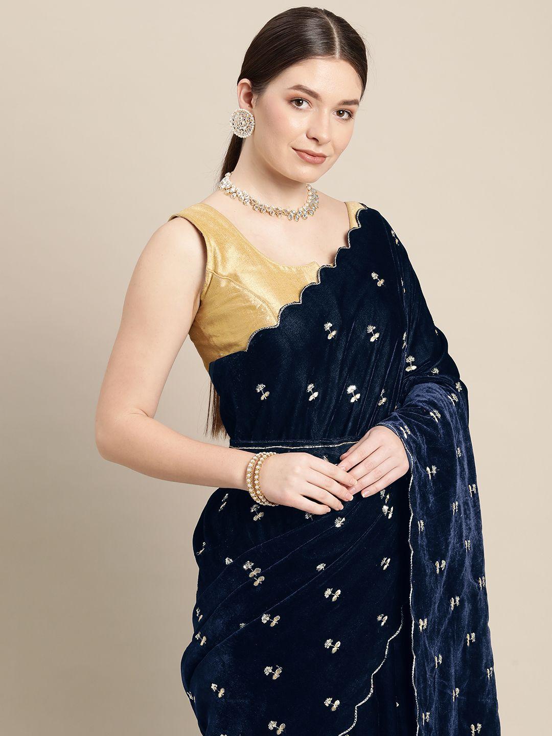 vastranand navy blue ethnic motifs embroidered sequinned velvet belted saree with blouse