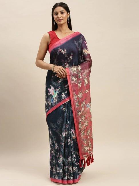 vastranand navy floral print saree with unstitched blouse