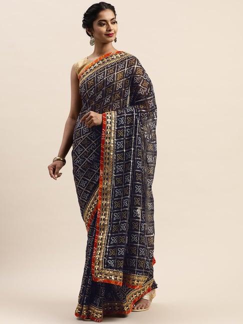 vastranand navy printed saree with unstitched blouse