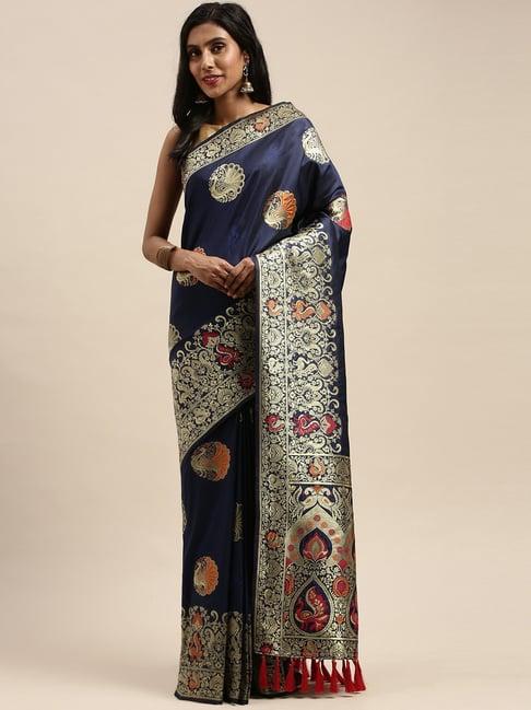 vastranand navy woven saree with unstitched blouse