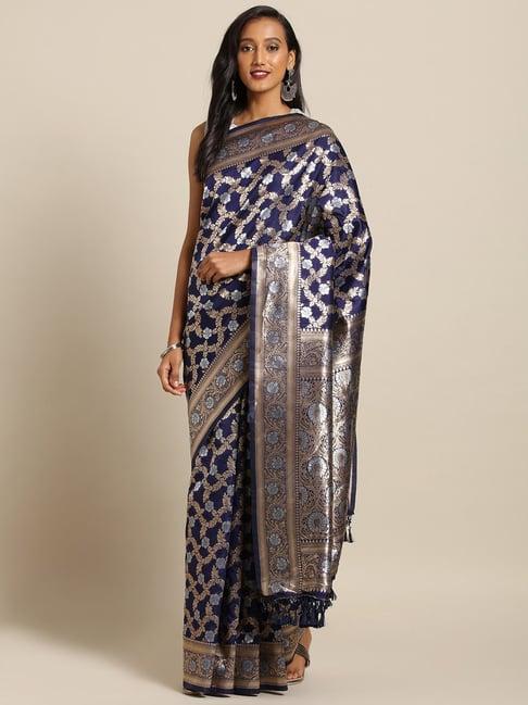 vastranand navy woven saree with unstitched blouse