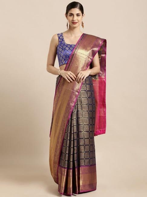 vastranand navy woven saree with unstitched blouse