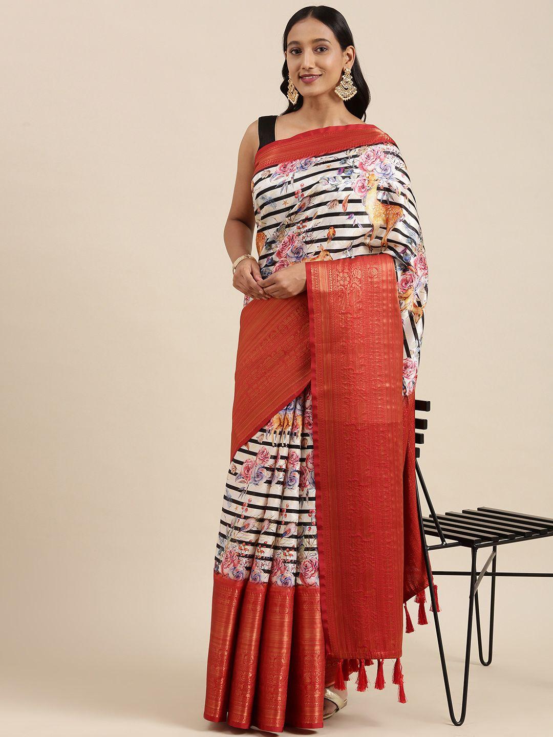 vastranand off white & black striped banarasi  saree