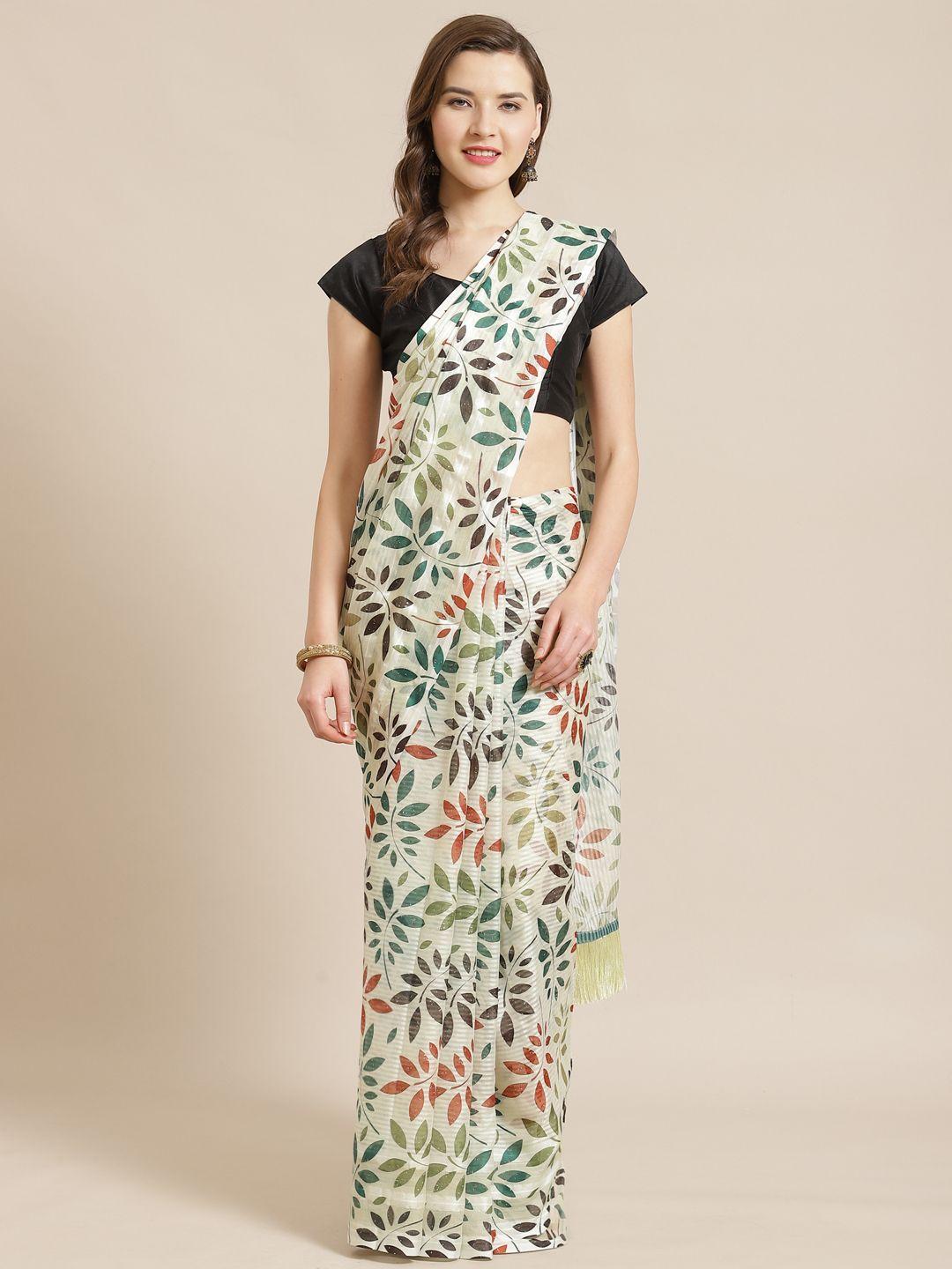 vastranand off-white & green leaf printed saree