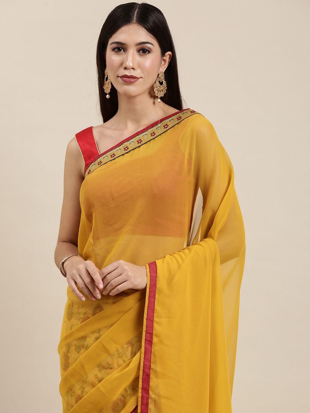 vastranand off white & mustard yellow floral print half and half saree