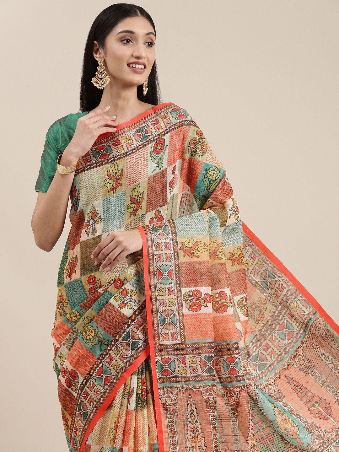 vastranand off white & orange ethnic motifs linen blend block print saree