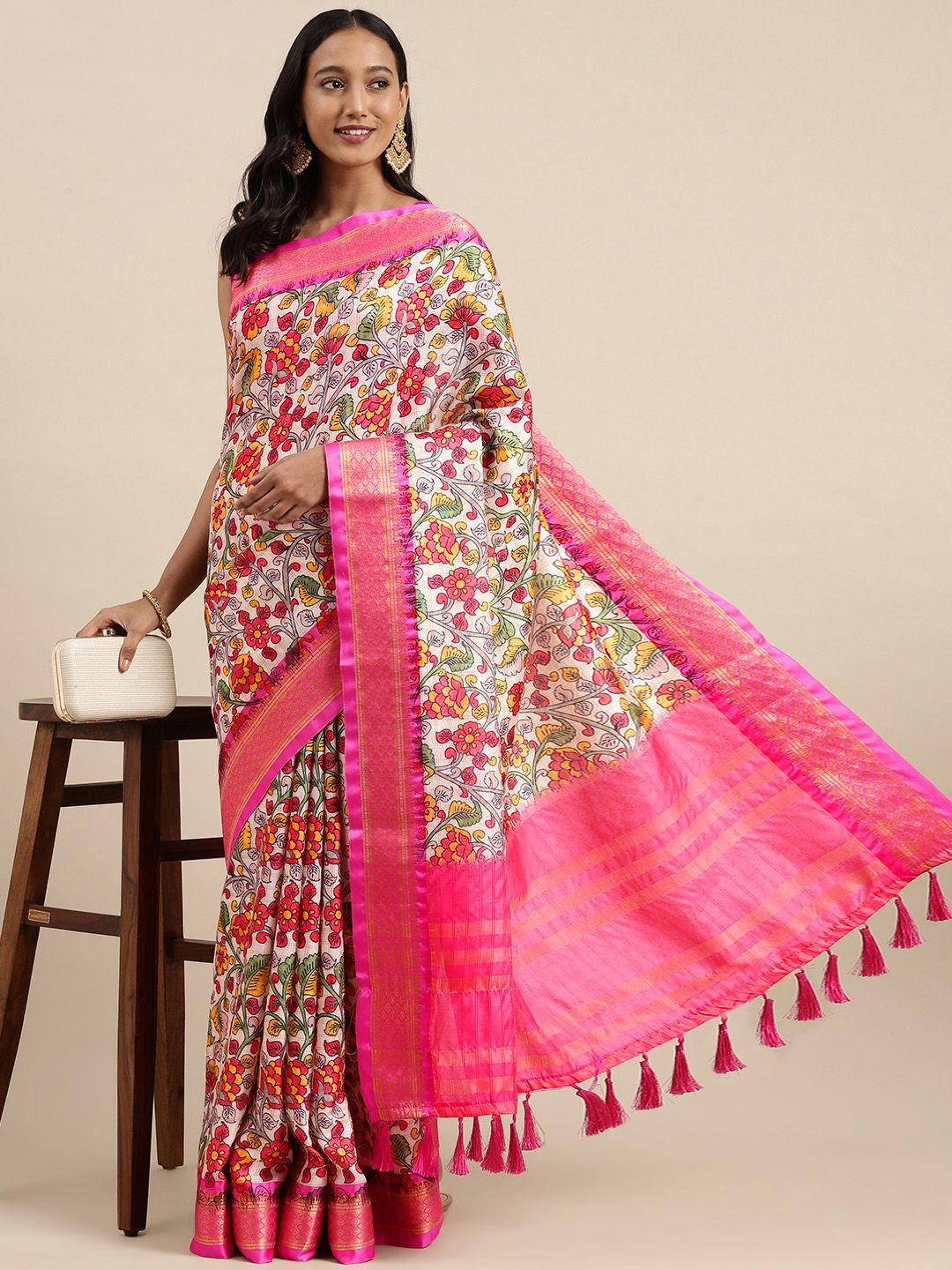 vastranand off white & pink ethnic motifs print silk blend uppada saree