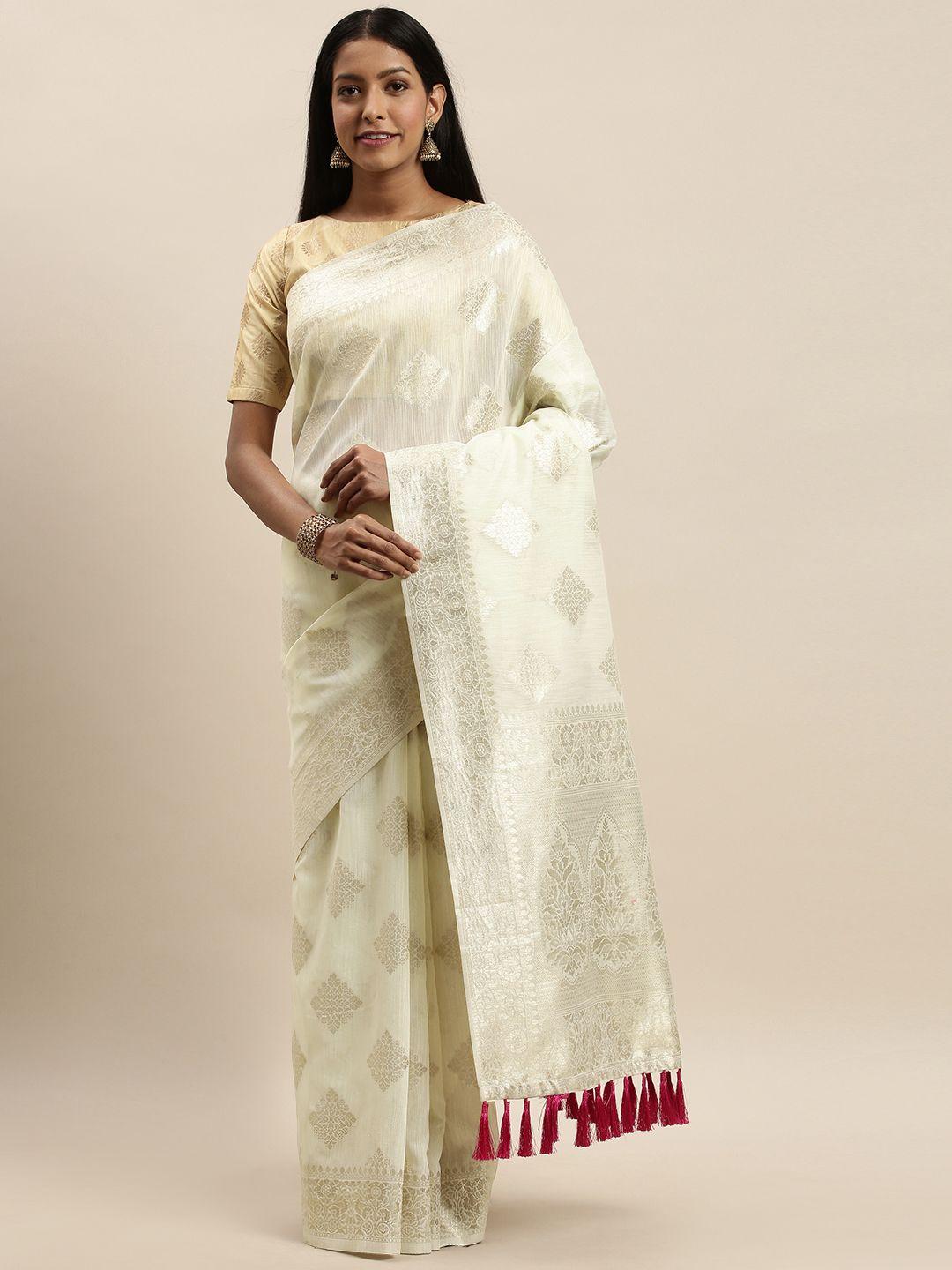 vastranand off-white & silver-toned woven design saree