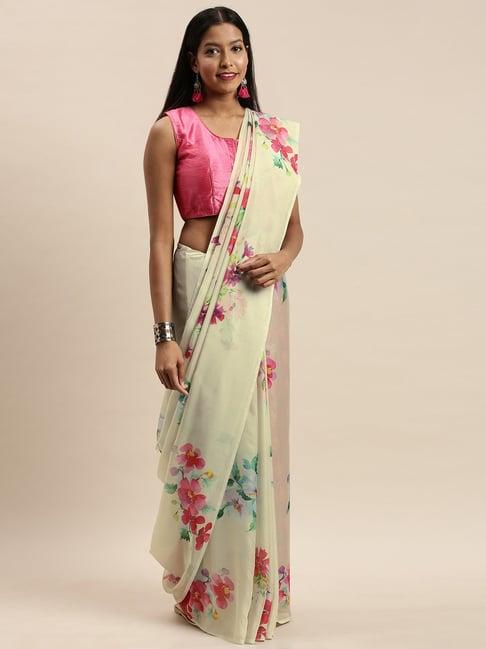 vastranand off-white floral print saree with unstitched blouse