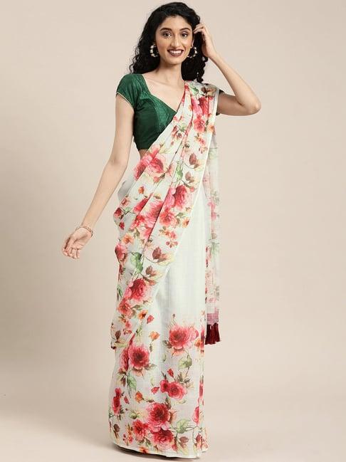 vastranand off-white floral print saree with unstitched blouse