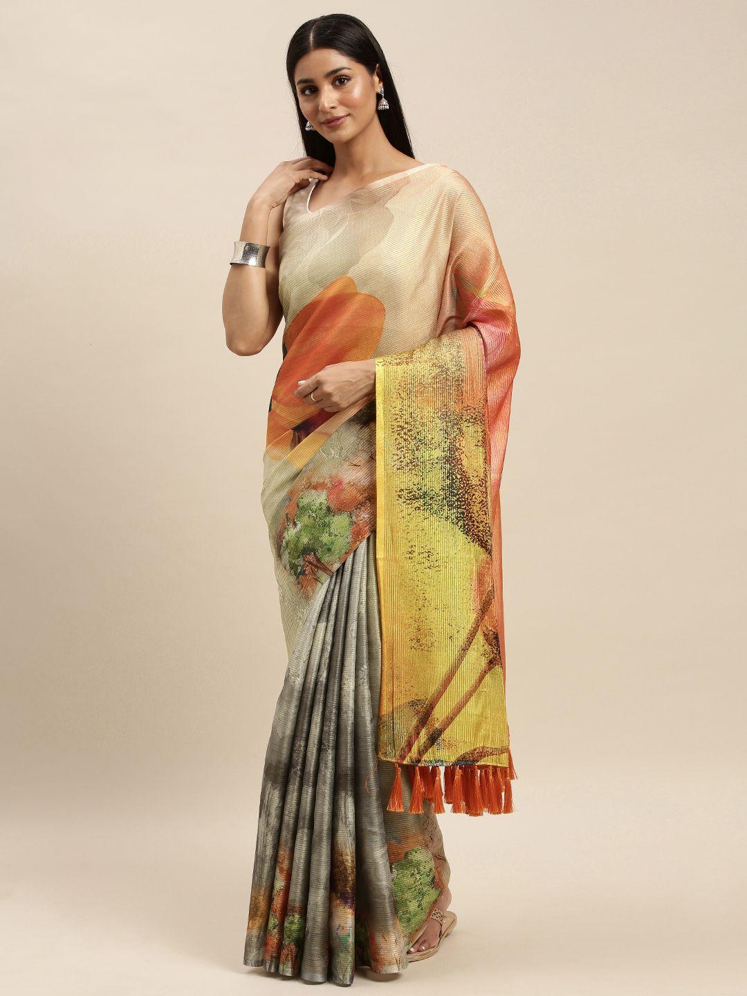 vastranand orange & beige art silk printed maheshwari saree