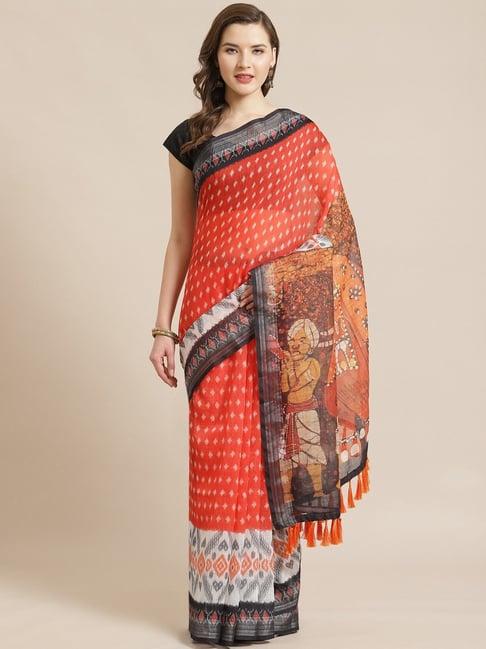 vastranand orange & black ikkat print saree with unstitched blouse