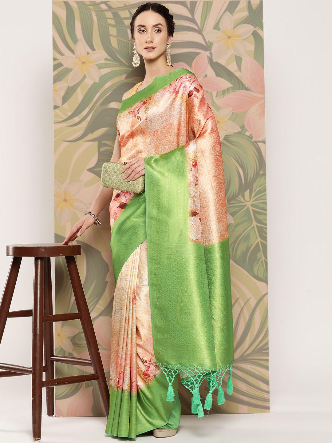 vastranand orange & green floral zari banarasi saree