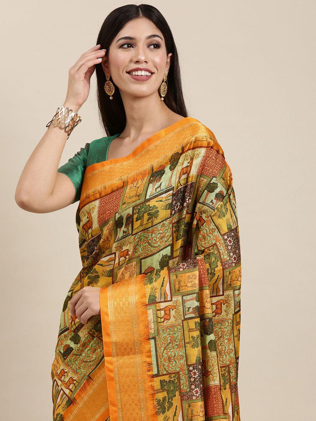 vastranand orange & green kalamkari print zari silk blend uppada saree