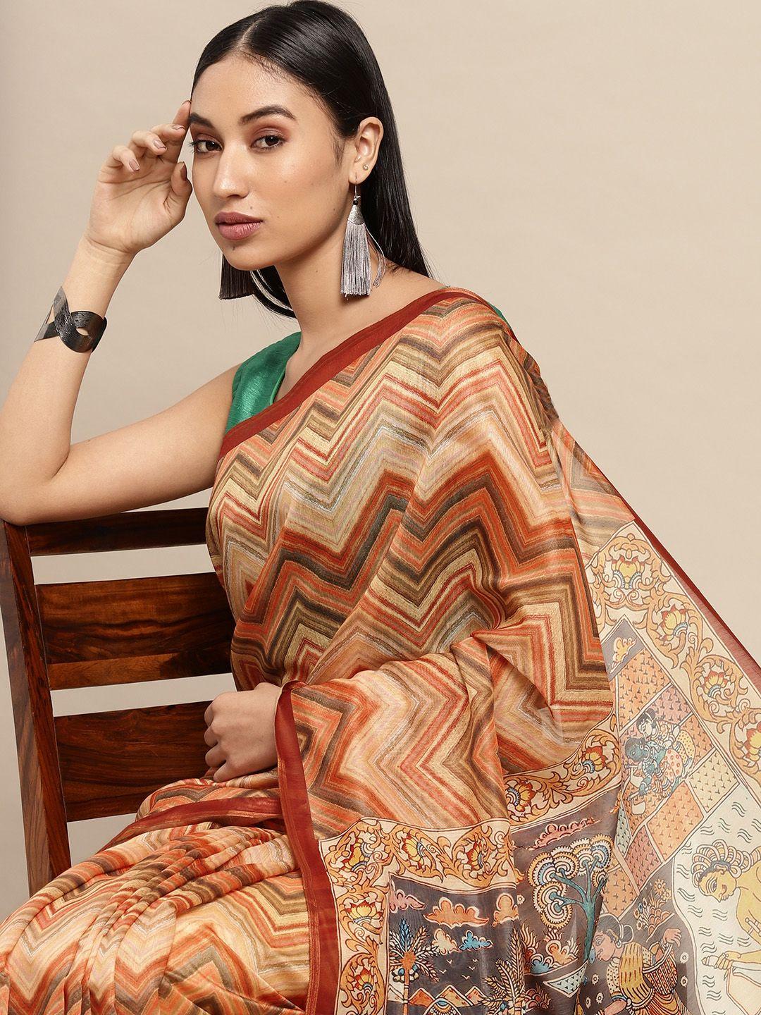 vastranand orange & red zari linen blend block print saree