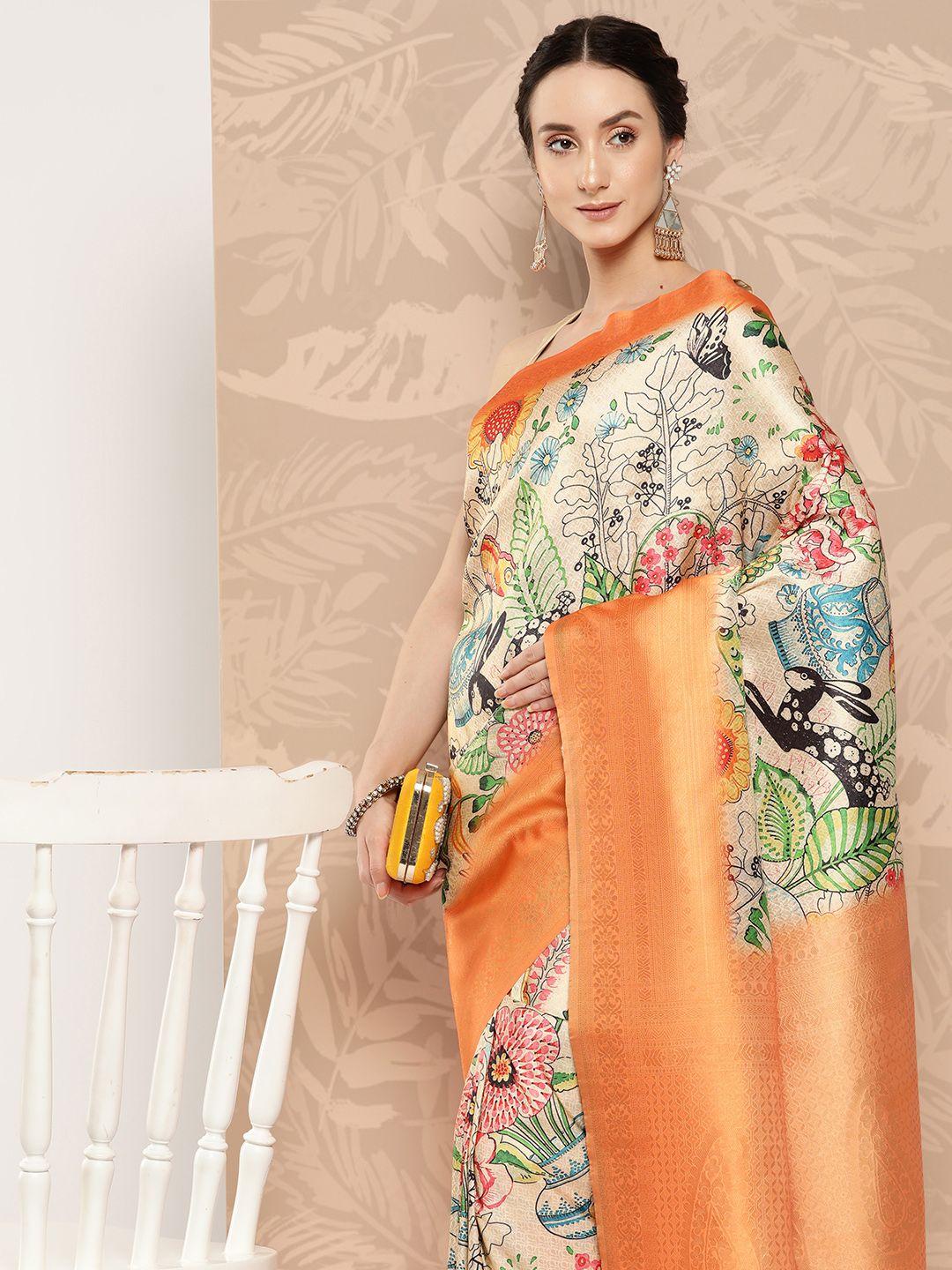 vastranand orange & white zari banarasi saree