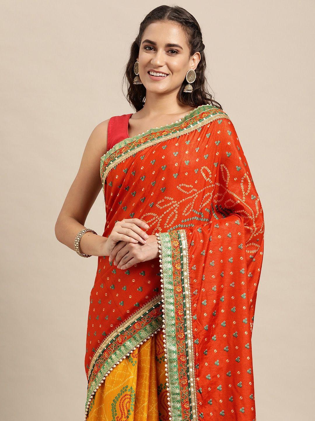 vastranand orange & yellow sequinned bandhani saree