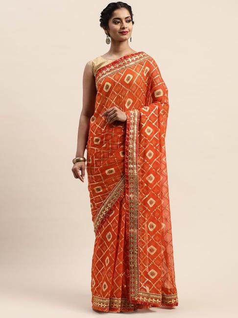 vastranand orange printed saree with unstitched blouse