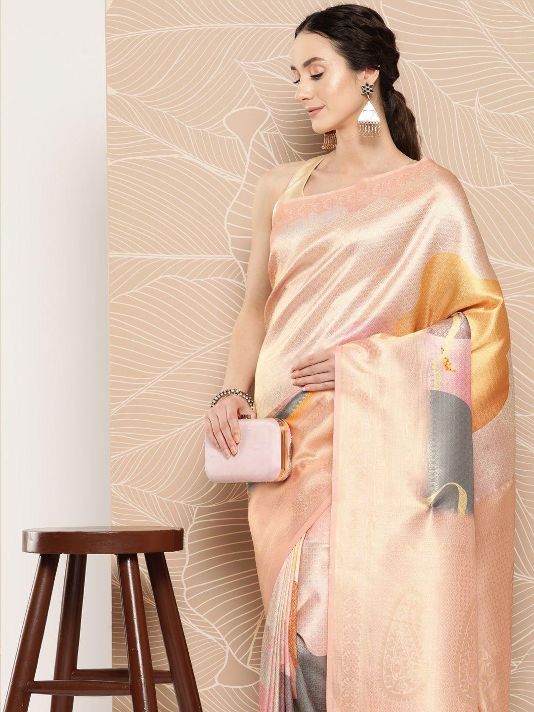 vastranand peach-coloured & grey zari banarasi saree