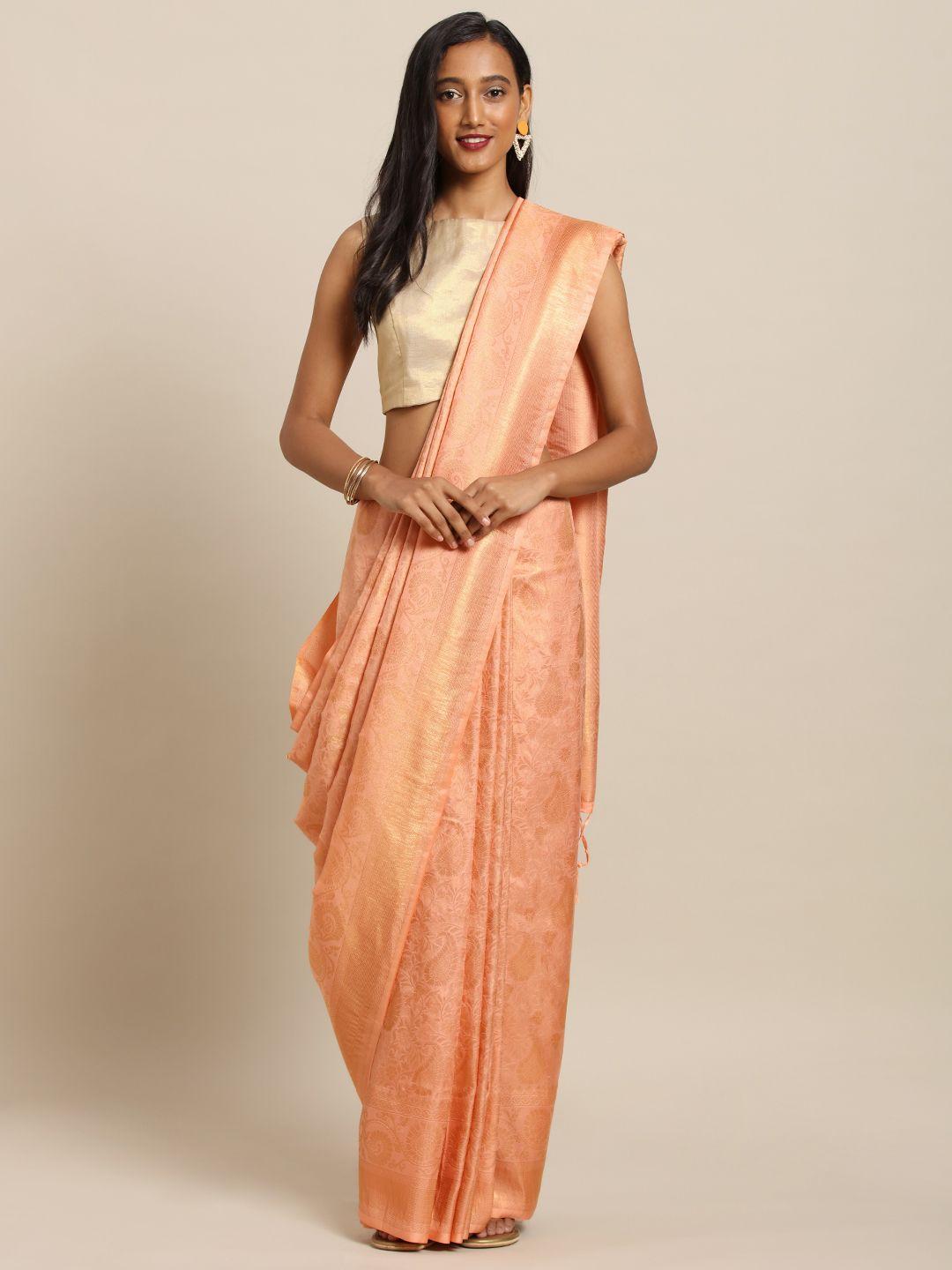 vastranand peach-coloured silk blend solid baluchari saree