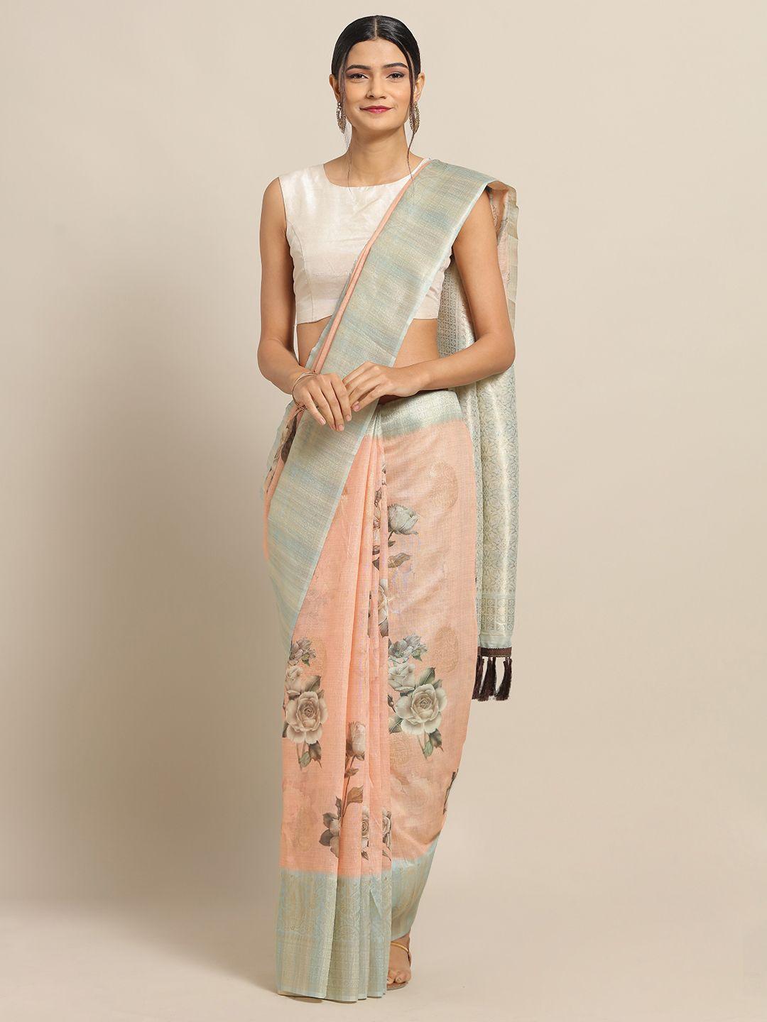 vastranand pink & beige cotton blend printed saree