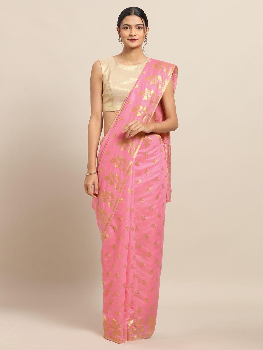 vastranand pink & gold-toned silk cotton woven design jamdani saree