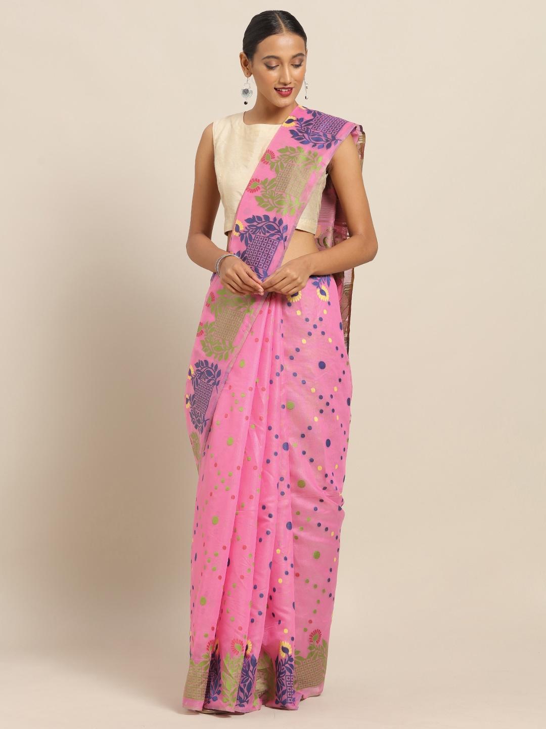 vastranand pink & green silk cotton printed jamdani saree